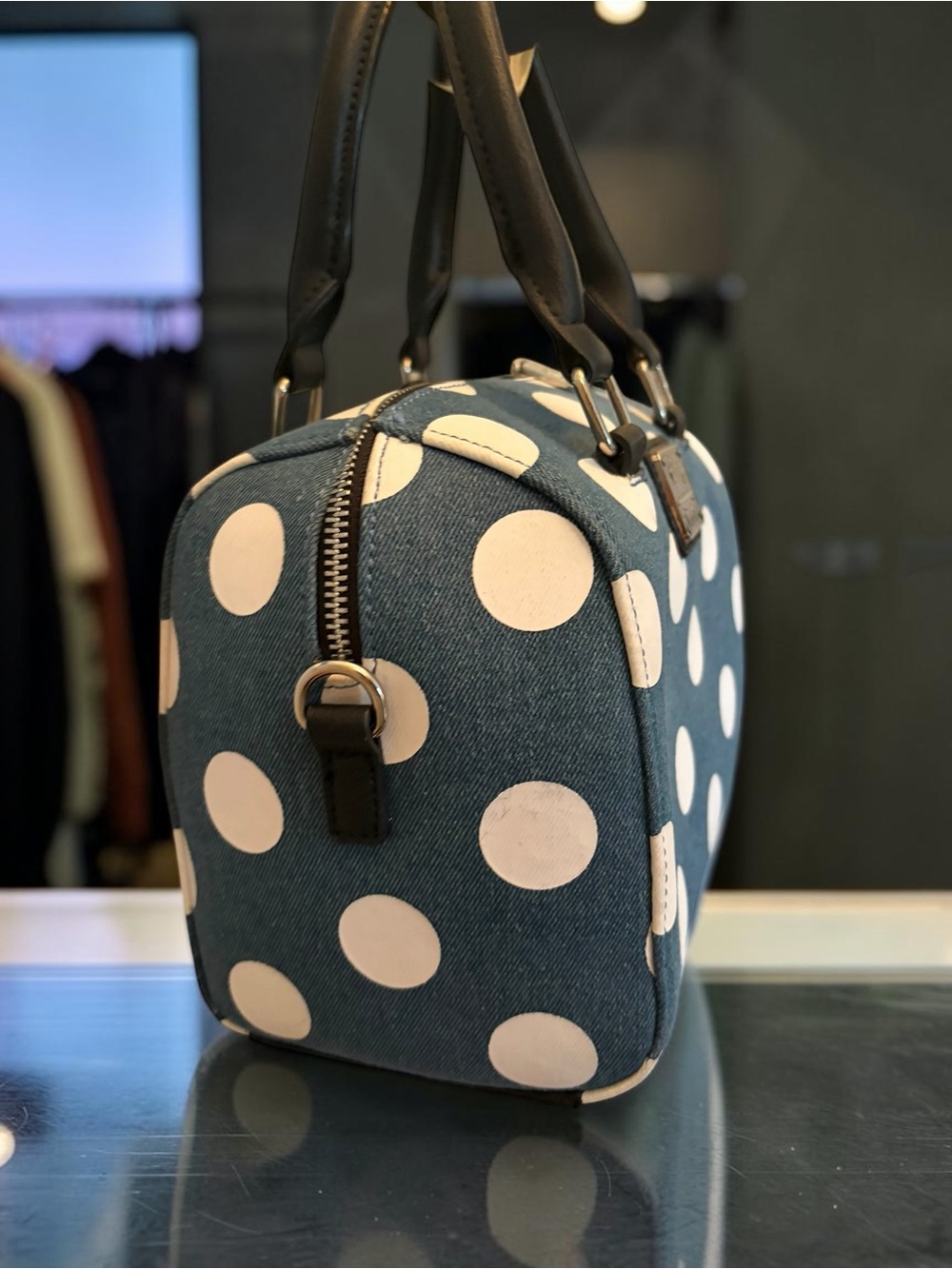 Loungefly Denim Polka Dot Minnie Mouse Satchel with Black Handles - Picture 3 of 6